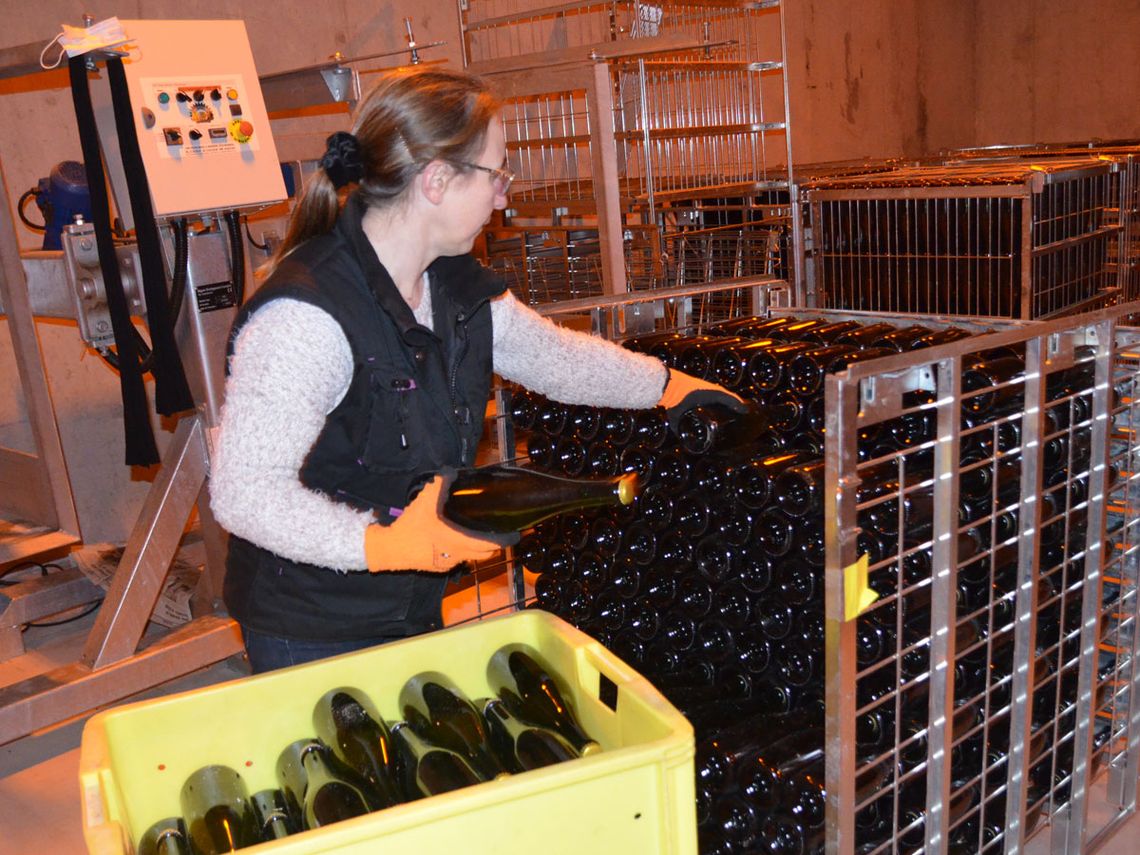 Champagne Guy Brunot - Befüllung der Paletten für die Rüttelmaschine. Foto: Champagne Guy Brunot