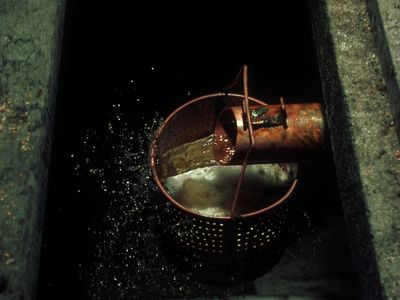Der Saft fließt aus der Presse der "Goulotte". Quelle: Comité Champagne / Foto: HUYGHENS DANRIGAL CLAUDE ET FRANCOISE
