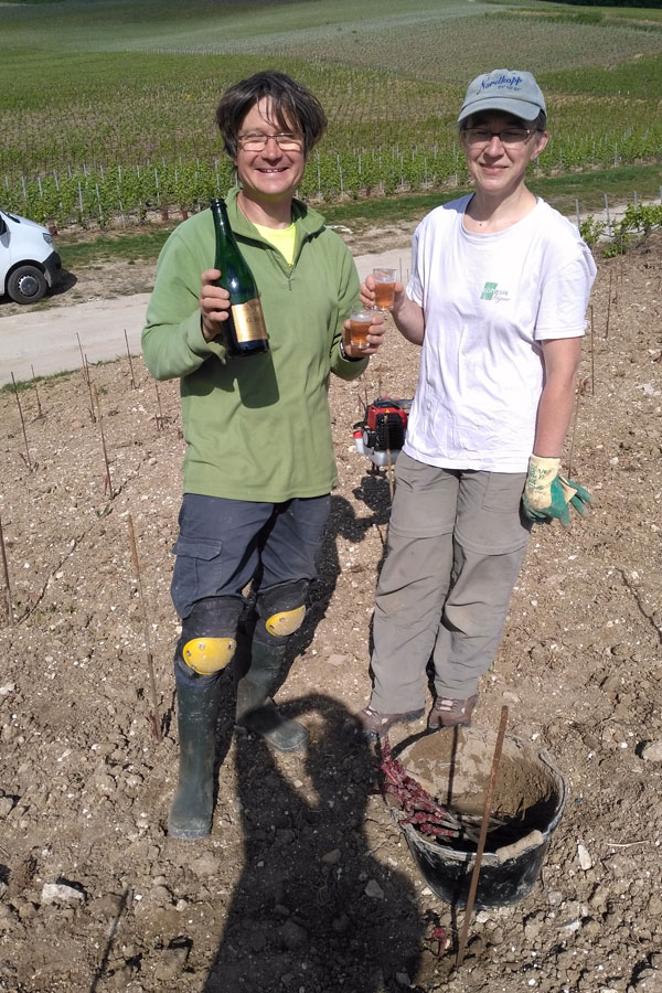 Champagne Brunot: Nathalie Brunot und Achim Wölfle stoßen auf eine erfolgreiche Bepflanzung an. Foto: Champagne Brunot